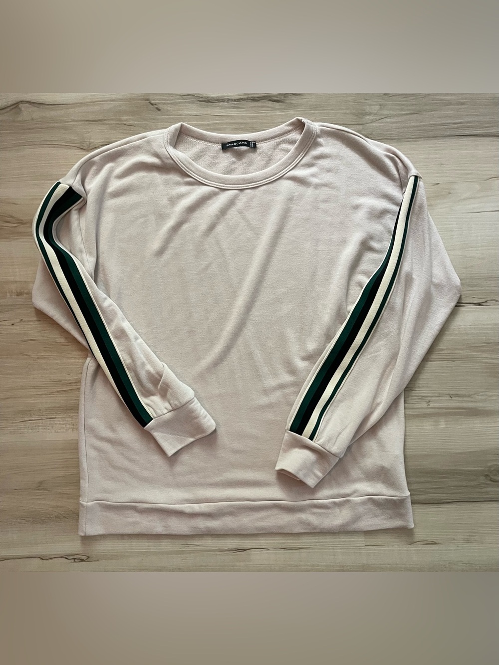 Staccato Pale Pink Crewneck Sweater with Green Stripe Sleeves